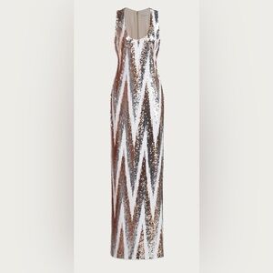 HALSTON Eleanor Gown Sleeveless Sequin Chevron Silver size 4 NWT